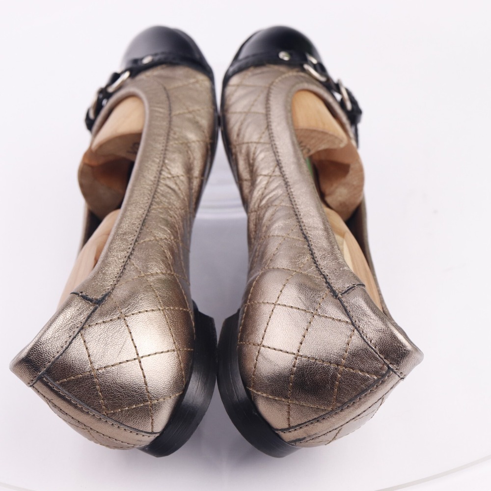 AGL Womens Ballet Flats Size 39 9 Quilted Bronze Gold Leather Black Cap Toe Shoe - Picture 10 of 14